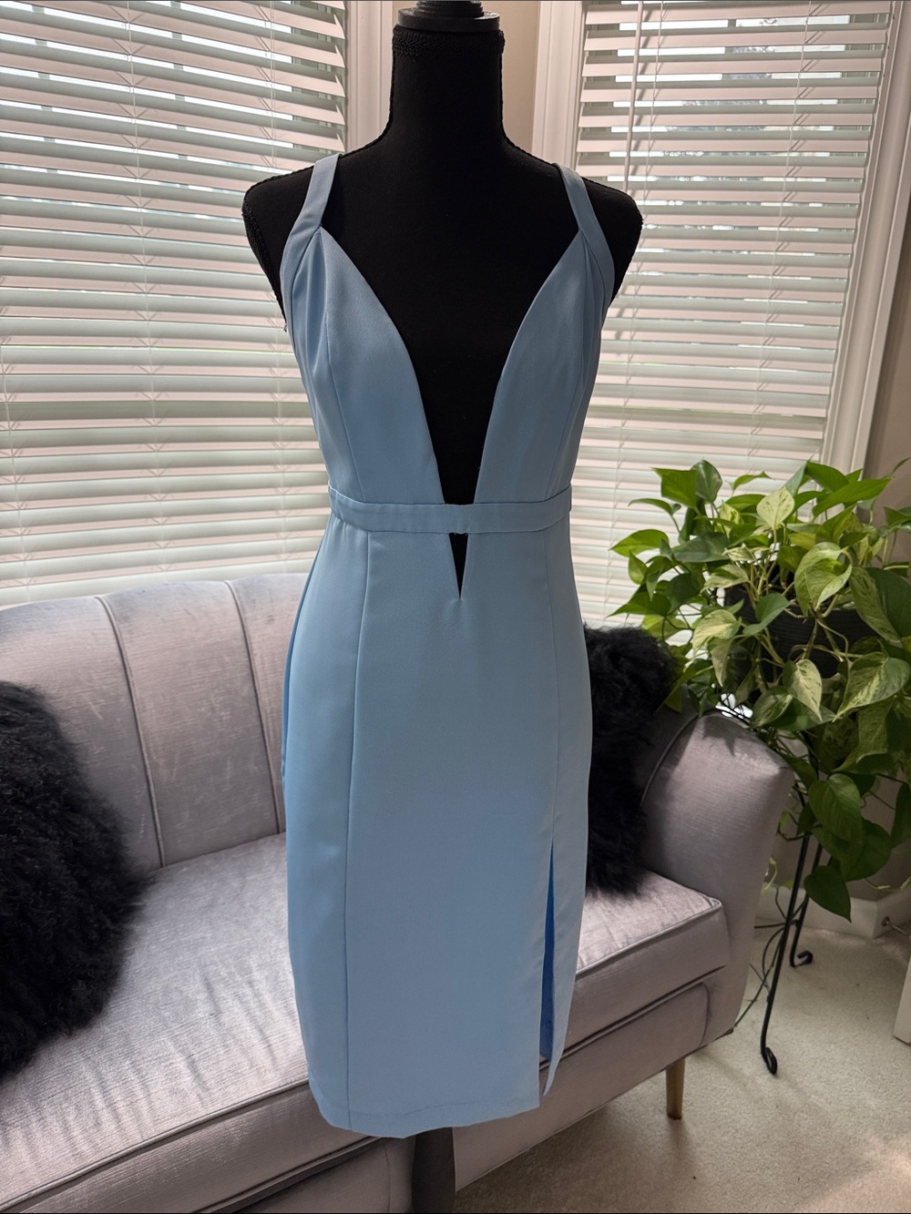 NBD Powder Blue Plunge V-Neck Midi Dress